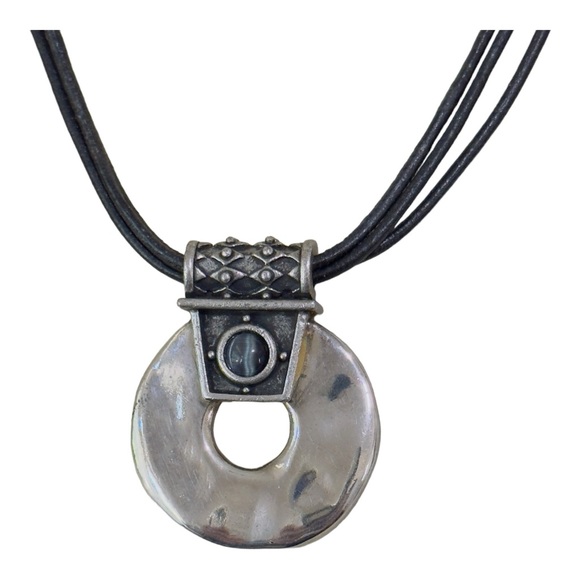 Chico’s Silver Pendant With Blue Tiger Eye Stone and Leather Necklace 11.5” Long - Picture 6 of 10